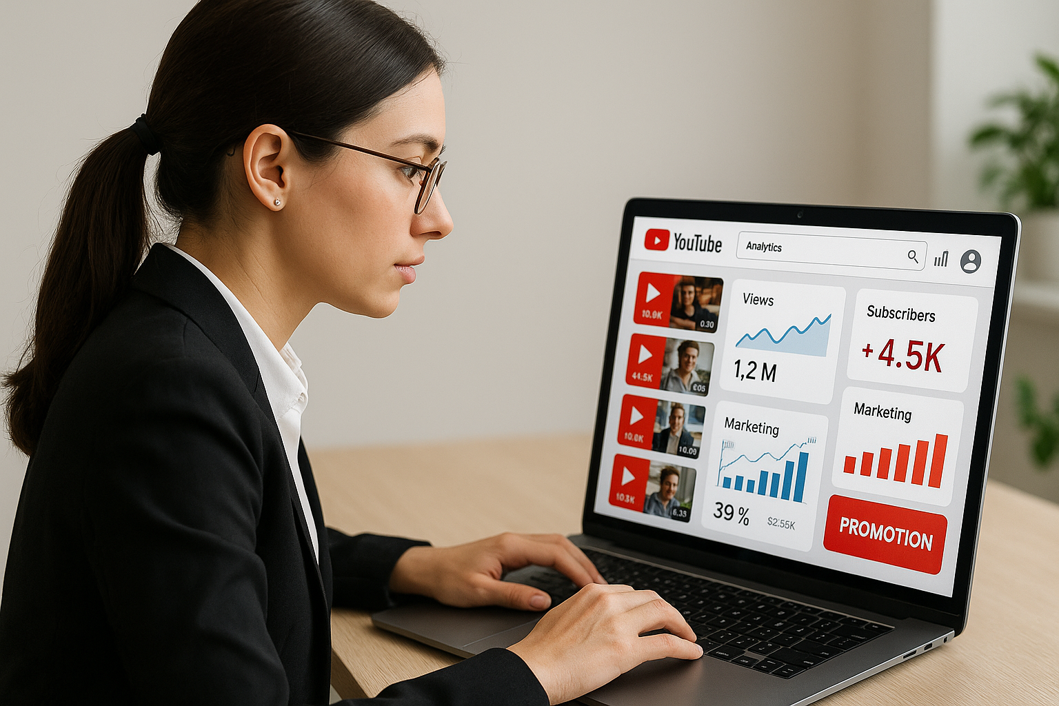 the screen has to be like she is working on youtube marketing, increasing views 